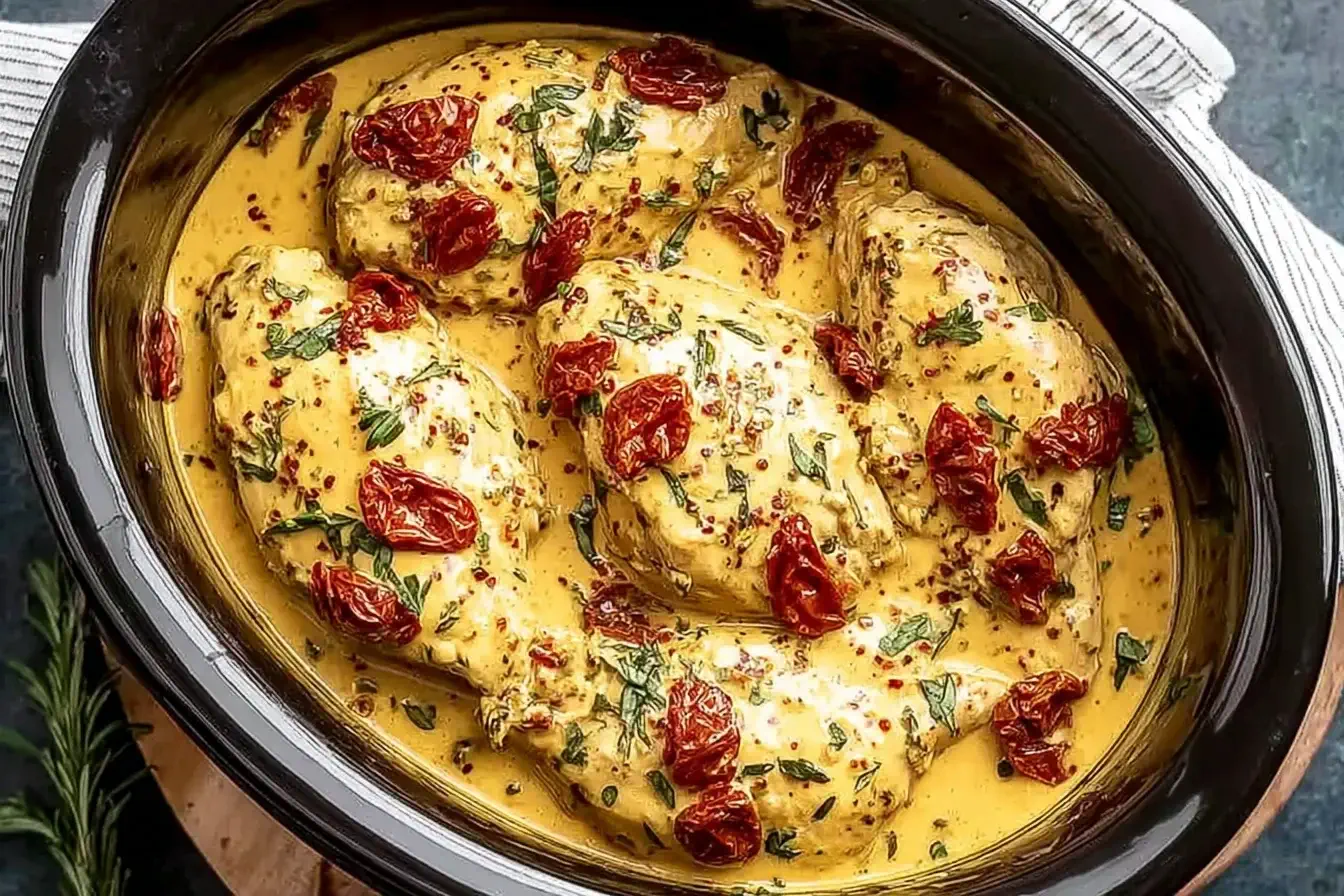 Dump and Go Crockpot Marry Me Chicken in creamy sauce with sun-dried tomatoes and herbs in a slow cooker.