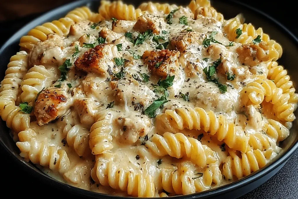 Creamy Crockpot Garlic Parmesan Chicken Pasta with rotini and seared chicken chunks in a rich garlic-Parmesan sauce.