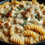 Creamy Crockpot Garlic Parmesan Chicken Pasta with rotini and seared chicken chunks in a rich garlic-Parmesan sauce.