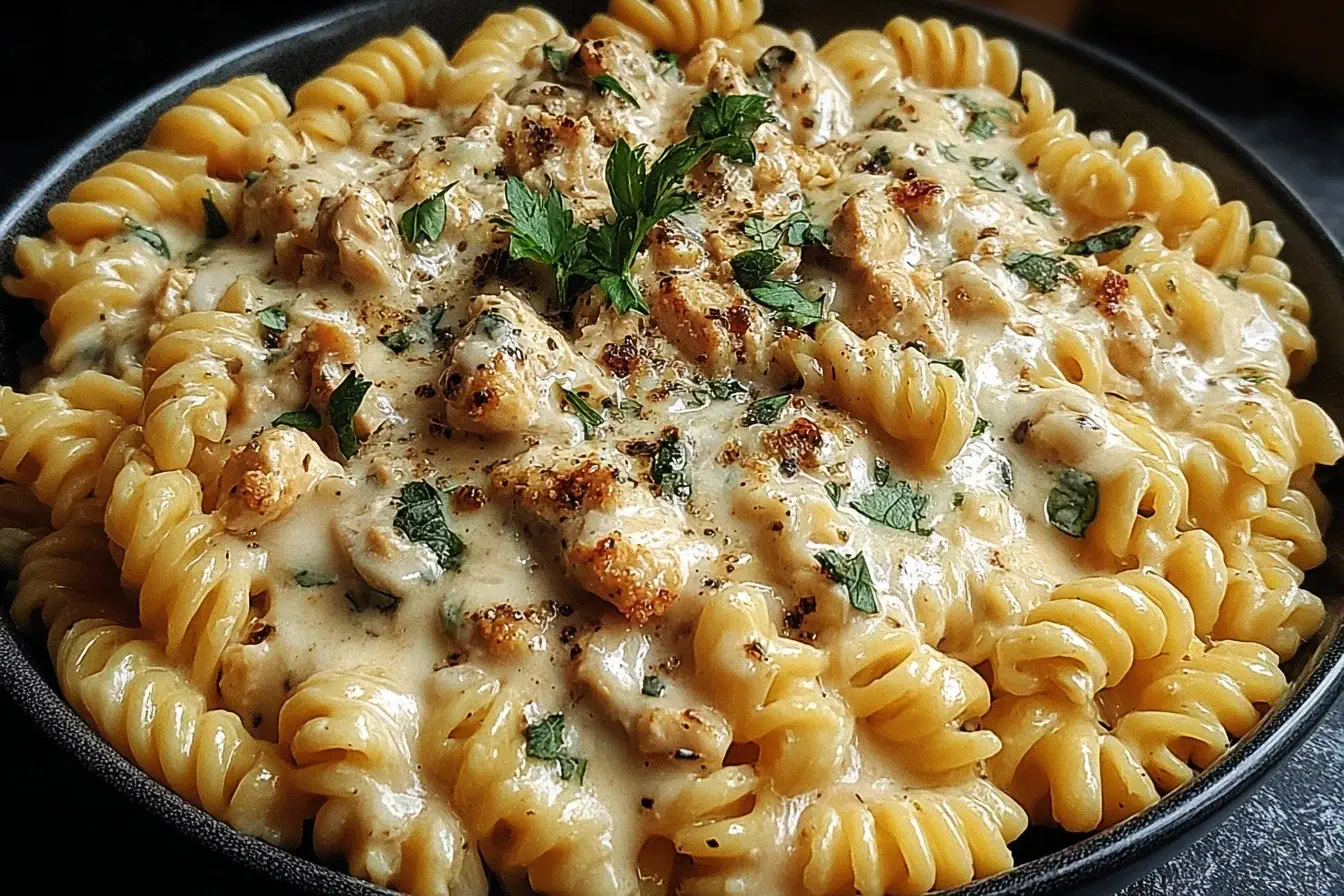 Creamy Crockpot Garlic Parmesan Chicken Pasta topped with fresh parsley in a black bowl.