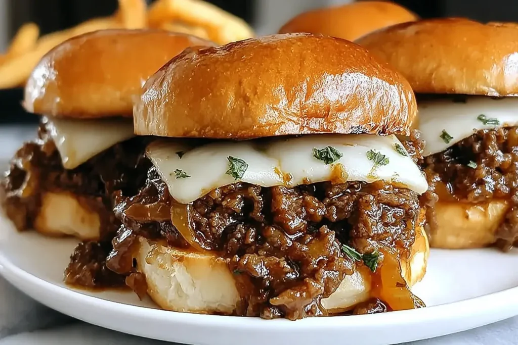 Three French Onion Beef Sloppy Joes with melted Swiss cheese and caramelized onions on toasted buns, served on a white plate.