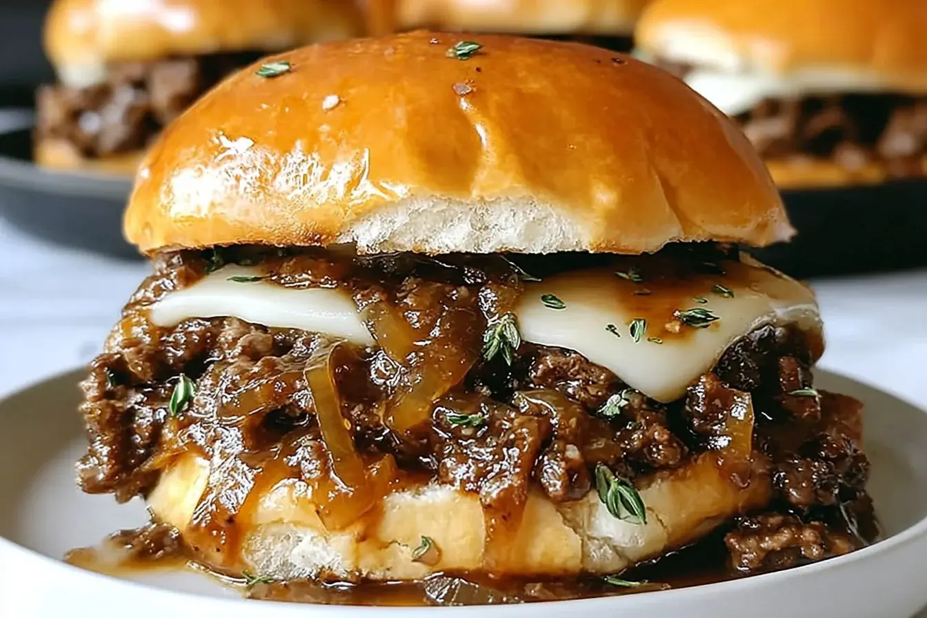 Juicy French Onion Beef Sloppy Joes with caramelized onions, melted Swiss cheese, and fresh thyme on a toasted bun.