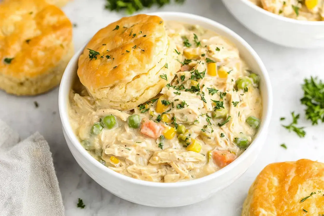 Slow Cooker Chicken Pot Pie in a white bowl topped with a golden biscuit, filled with shredded chicken, peas, corn, and carrots in creamy sauce.