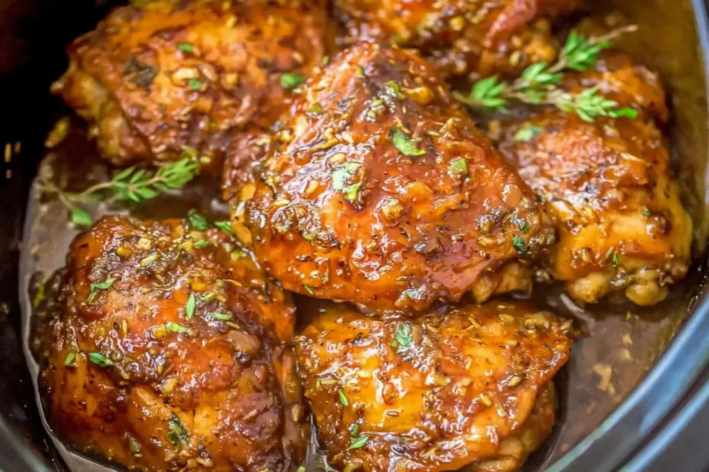 Slow Cooker Brown Sugar Garlic Chicken thighs coated in a glossy, caramelized garlic sauce, garnished with herbs in a slow cooker.