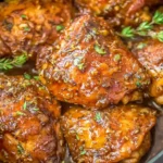 Slow Cooker Brown Sugar Garlic Chicken thighs coated in a glossy, caramelized garlic sauce, garnished with herbs in a slow cooker.