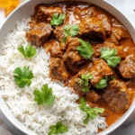 Slow Cooker Beef Coconut Curry served with basmati rice and garnished with fresh cilantro in a white bowl.