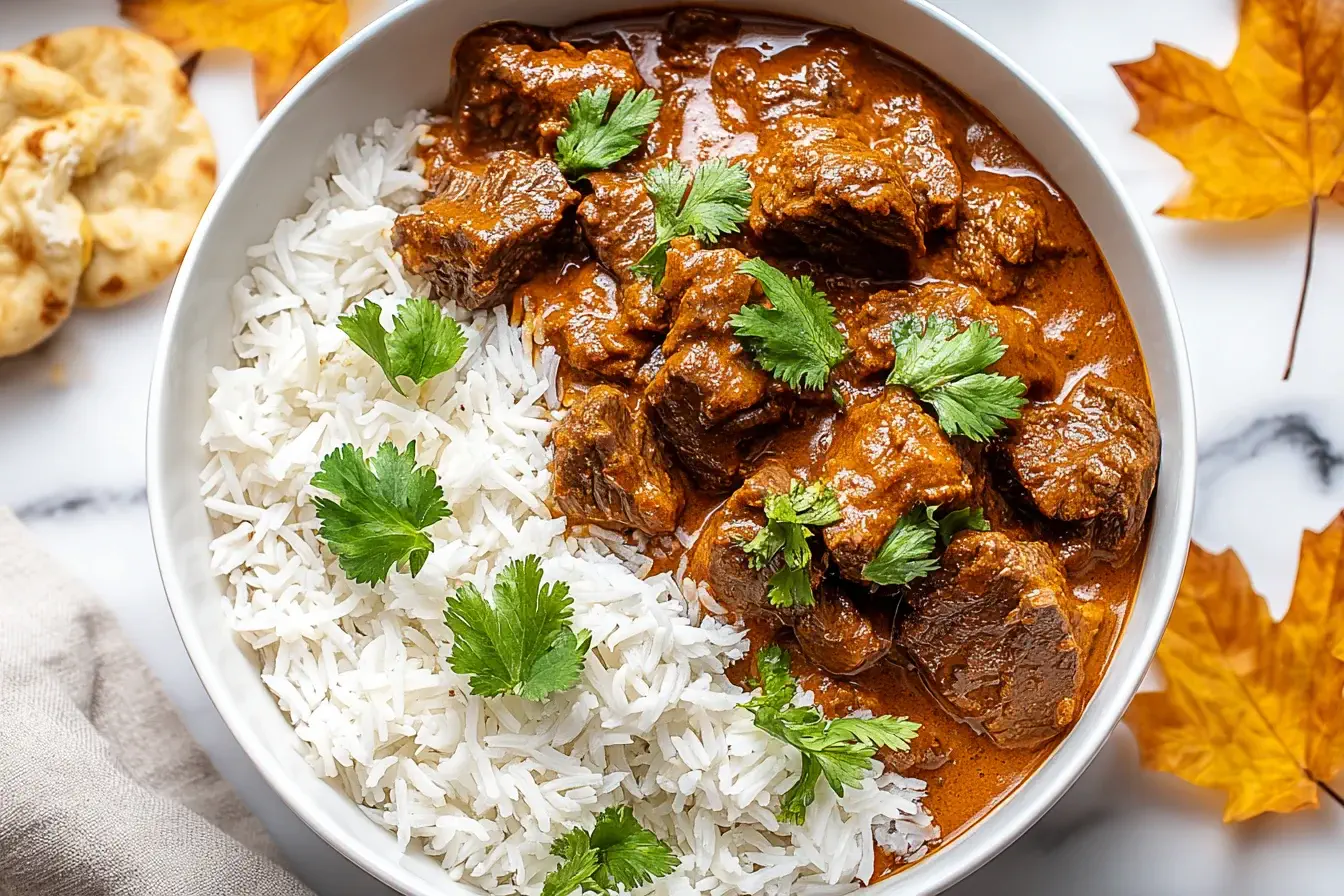 Slow Cooker Beef Coconut Curry served with basmati rice and garnished with fresh cilantro in a white bowl.