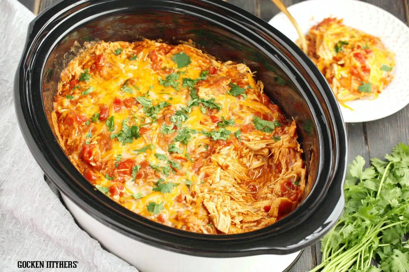 Slow Cooker Chicken Enchilada Casserole topped with melted cheese and fresh cilantro in a black crockpot