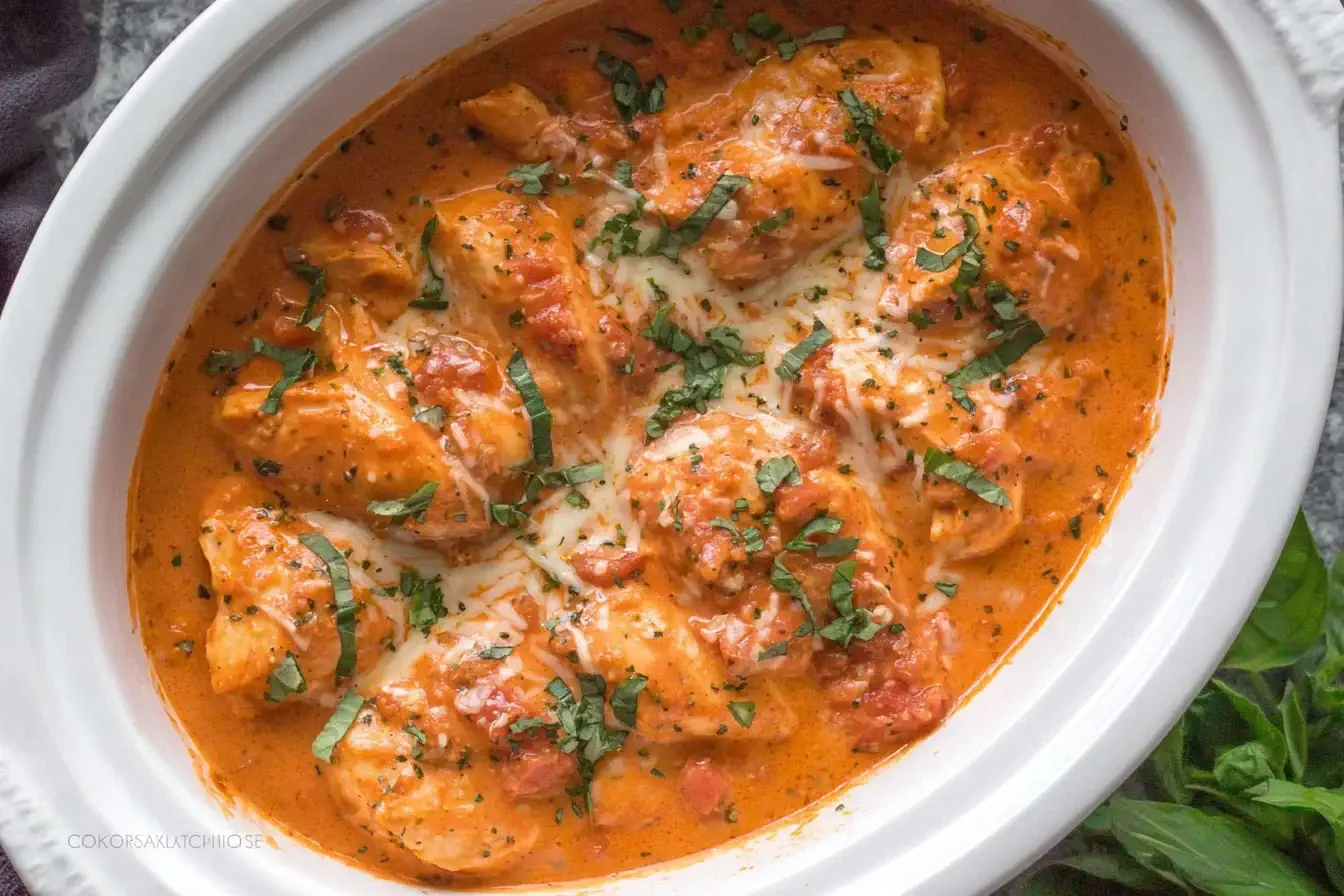 Slow Cooker Creamy Tomato Basil Chicken Breast in a white crockpot, topped with fresh basil and melted cheese