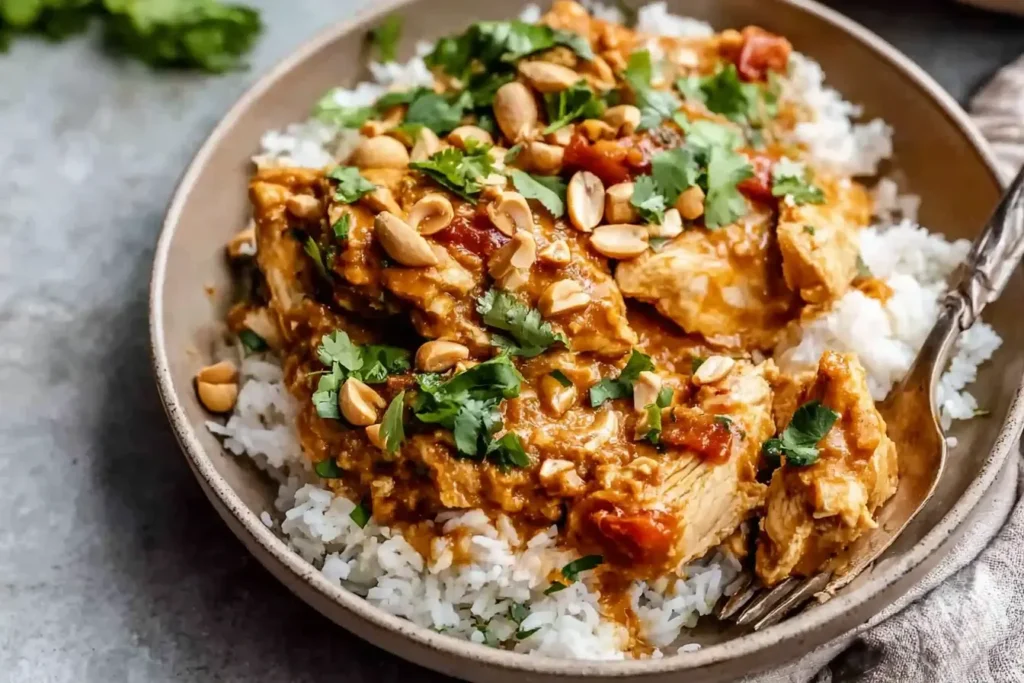 Slow Cooker Peanut Chicken served over white rice and topped with cilantro and peanuts