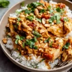 Slow Cooker Peanut Chicken served over white rice and topped with cilantro and peanuts