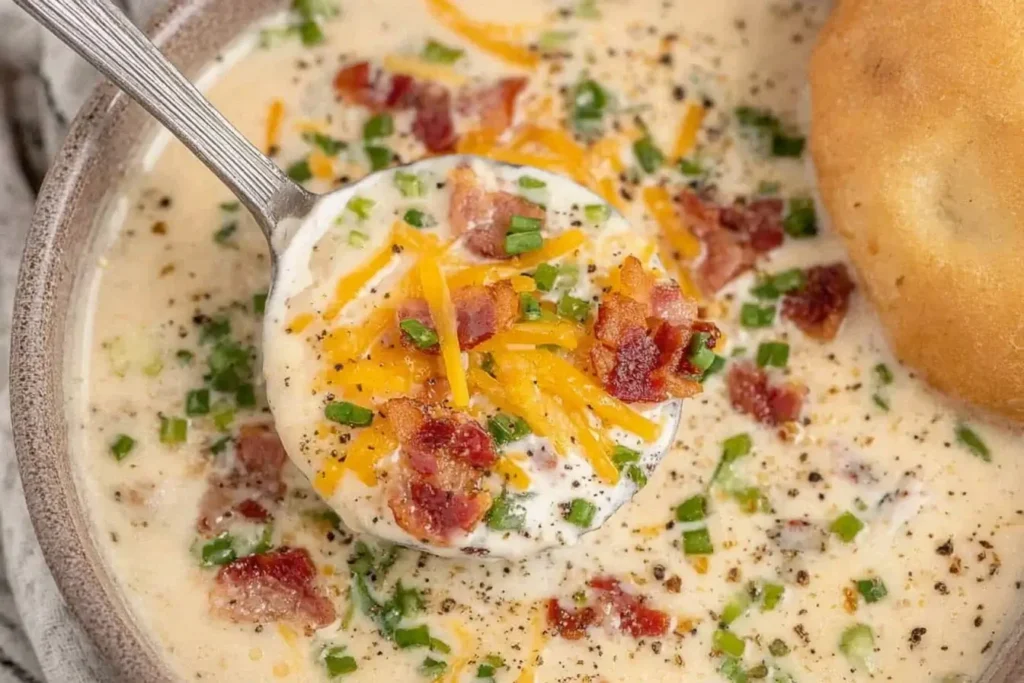 Crockpot Potato Soup with bacon, cheddar cheese, and chives served in a bowl