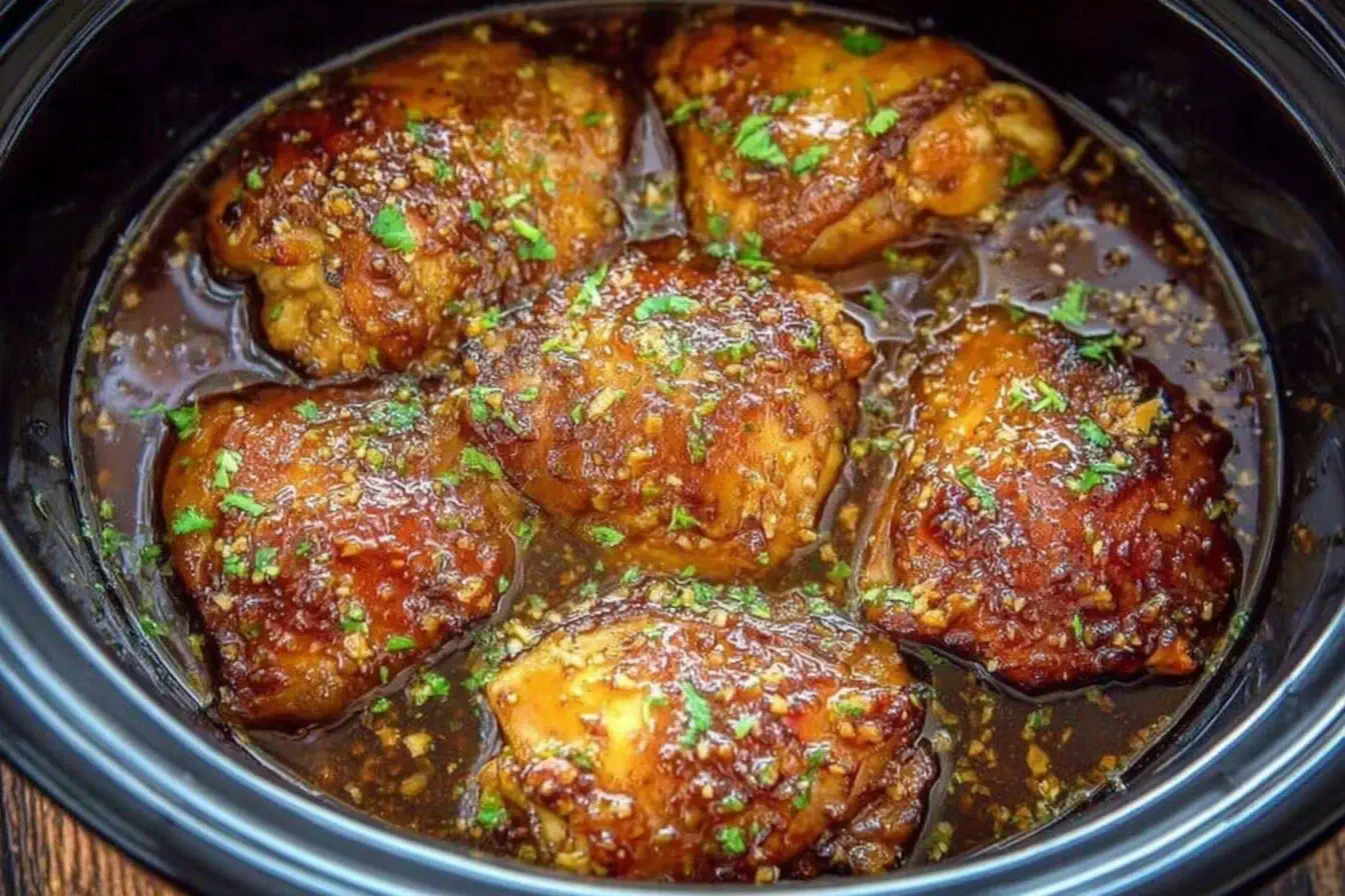 Slow Cooker Brown Sugar Garlic Chicken thighs simmering in a rich, sweet garlic sauce inside a black slow cooker.