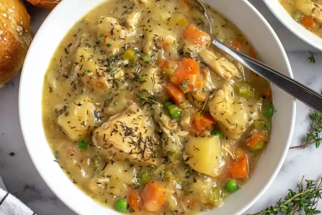 Slow Cooker Chicken Stew featuring chunks of chicken, potatoes, carrots, celery, and peas in a thick, savory broth.