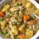 Slow Cooker Chicken Stew with tender chicken, potatoes, carrots, and peas in a savory broth served in a white bowl.