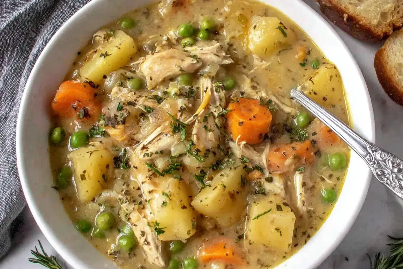 Slow Cooker Chicken Stew with tender chicken, potatoes, carrots, and peas in a savory broth served in a white bowl.