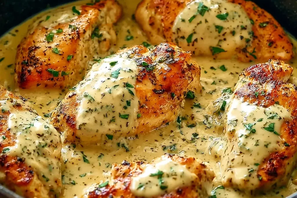 Creamy Crock Pot Ranch Chicken featuring golden chicken breasts covered in creamy ranch sauce and sprinkled with fresh herbs.