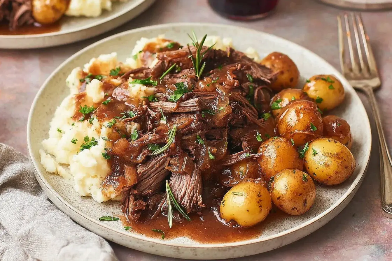 Slow Cooker Sirloin Tip Roast with rich gravy, baby potatoes, and fresh herbs served over creamy mashed potatoes.