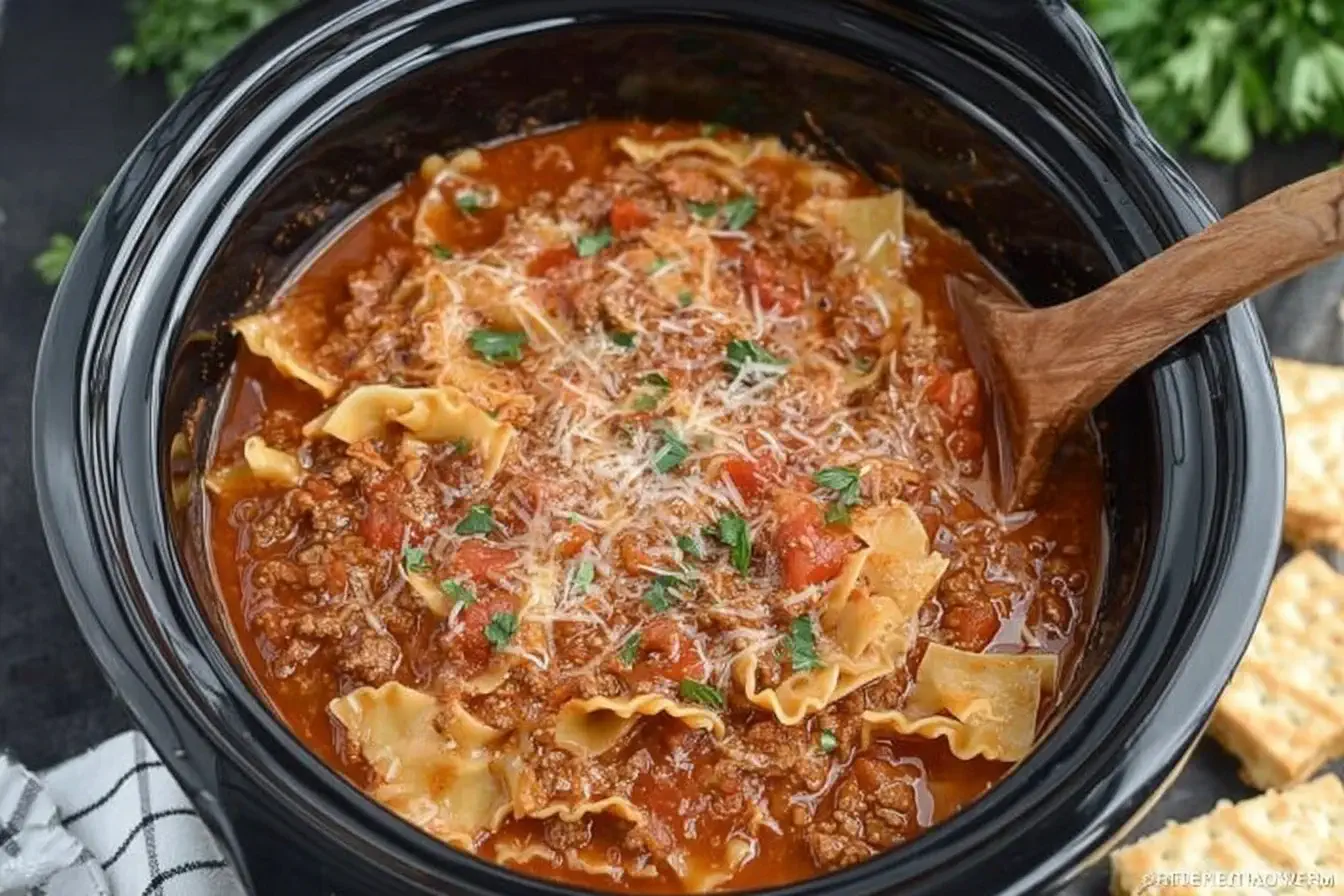 Crock pot Lasagna Soup simmering with ground beef, tomatoes, lasagna noodles, and fresh herbs in a slow cooker.