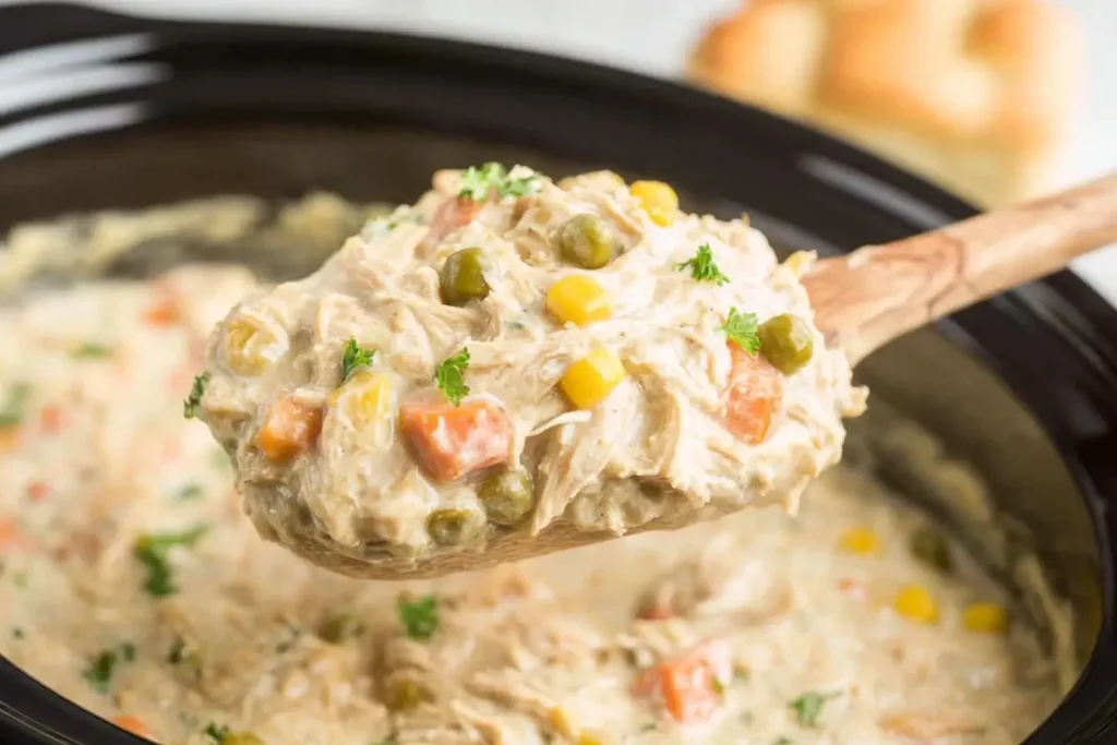 Spoonful of creamy Slow Cooker Chicken Pot Pie with shredded chicken, peas, corn, and carrots scooped from a slow cooker.