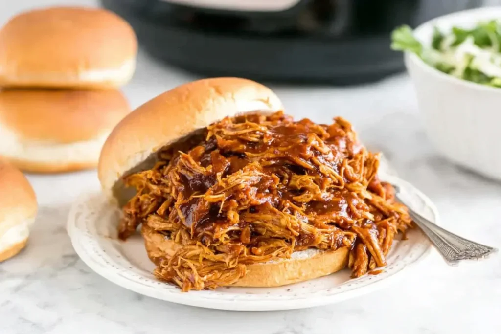 Slow Cooker Pulled BBQ Chicken sandwich piled high on a soft bun with rich barbecue sauce, ready to serve.