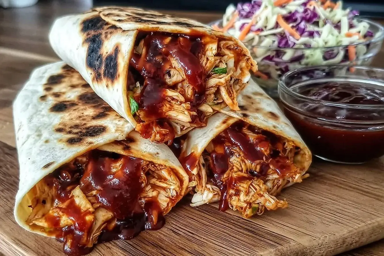 BBQ Chicken Coleslaw Wraps filled with shredded chicken, tangy BBQ sauce, and creamy coleslaw on a wooden board.