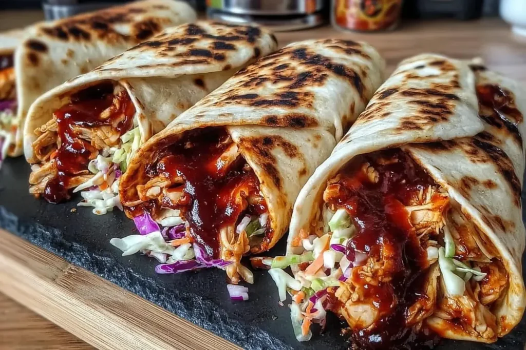 BBQ Chicken Coleslaw Wraps stacked on a tray, filled with shredded chicken, tangy BBQ sauce, and crunchy coleslaw in toasted tortillas.