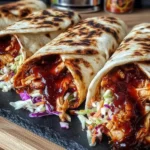 BBQ Chicken Coleslaw Wraps stacked on a tray, filled with shredded chicken, tangy BBQ sauce, and crunchy coleslaw in toasted tortillas.