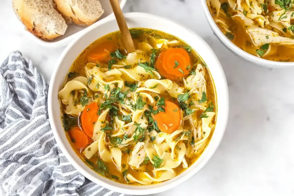 Bowl of slow cooker chicken noodle soup with carrots, egg noodles, and fresh herbs, served with bread on the side.