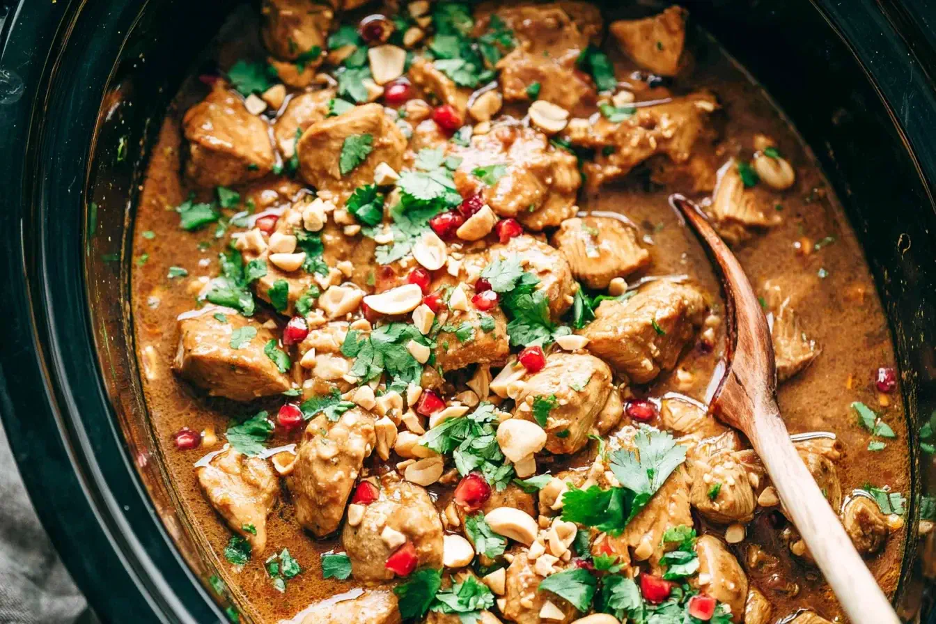 Slow Cooker Peanut Chicken topped with crushed peanuts and fresh cilantro in a black crockpot