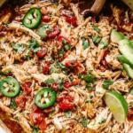 Crockpot Salsa Verde Chicken with shredded chicken, tomatoes, jalapeños, avocado slices, and lime in a slow cooker