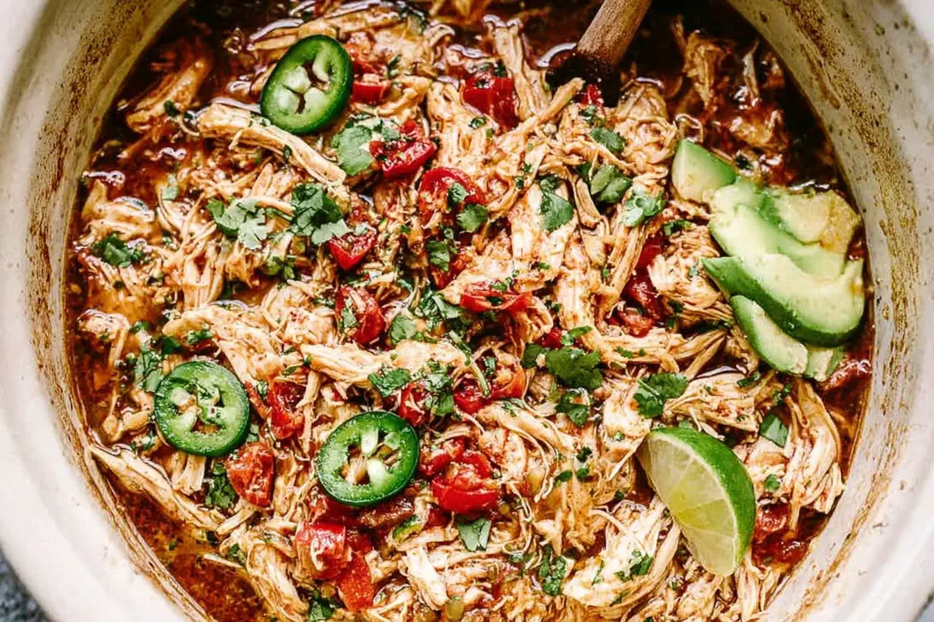 Crockpot Salsa Verde Chicken with shredded chicken, tomatoes, jalapeños, avocado slices, and lime in a slow cooker