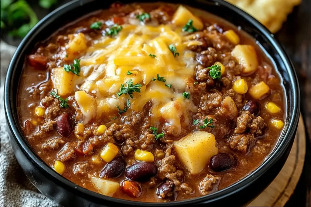 Close-up of Slow Cooker Cowboy Casserole with melted cheese, beef, beans, corn, and potatoes in a black bowl.
