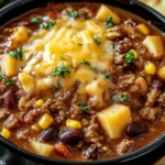 Close-up of Slow Cooker Cowboy Casserole with melted cheese, beef, beans, corn, and potatoes in a black bowl.