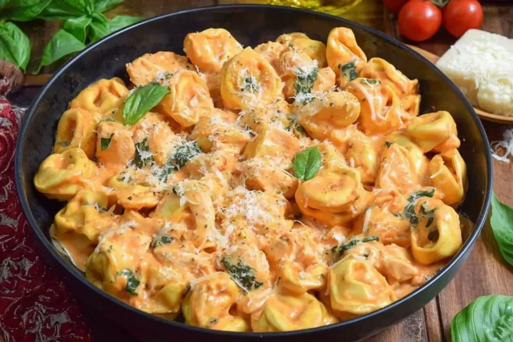 Creamy CrockPot Chicken Tortellini with spinach, mozzarella, and Parmesan in a rich marinara cream sauce.