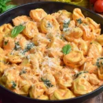 Creamy CrockPot Chicken Tortellini with spinach, mozzarella, and Parmesan in a rich marinara cream sauce.