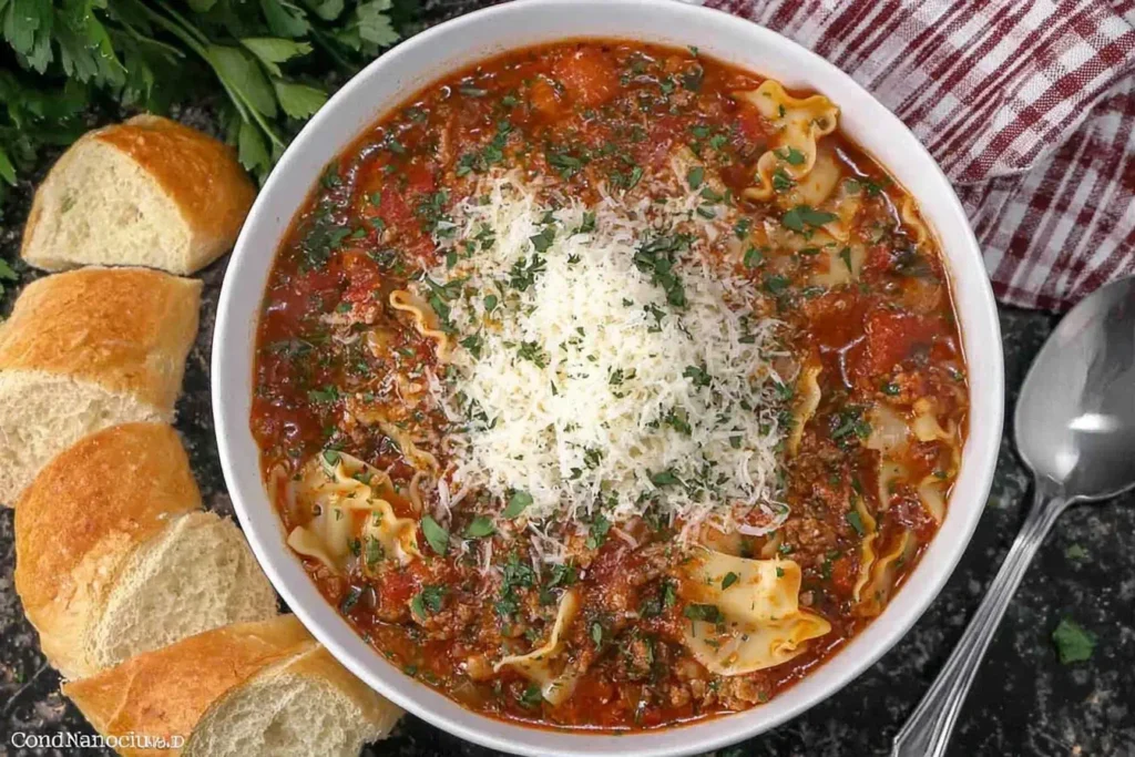 Bowl of Crock pot Lasagna Soup topped with Parmesan cheese and fresh herbs, served with crusty bread.