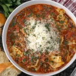 Bowl of Crock pot Lasagna Soup topped with Parmesan cheese and fresh herbs, served with crusty bread.