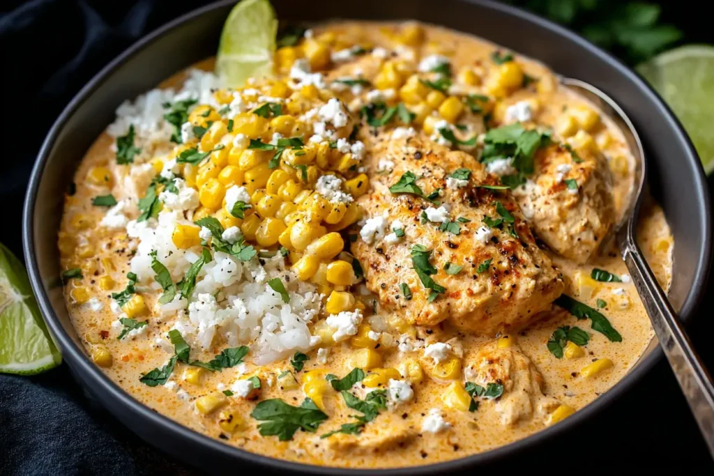 Slow Cooker Street Corn Chicken served with rice, corn, cotija cheese, and fresh cilantro in a creamy sauce.