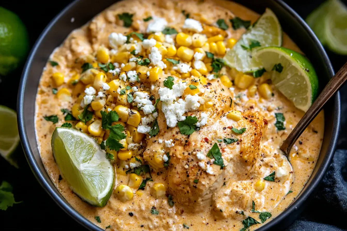 Close-up of Slow Cooker Street Corn Chicken topped with corn, cotija cheese, cilantro, and lime wedges.