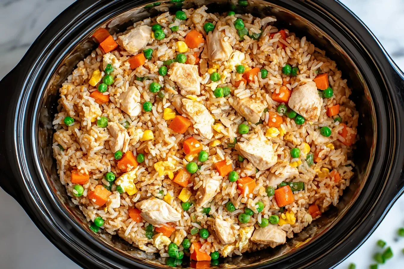 Crockpot Chicken Fried Rice with tender chicken, peas, carrots, and rice cooked in a slow cooker.