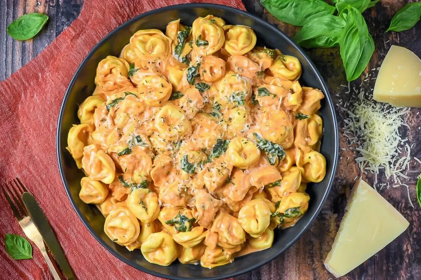 Overhead view of CrockPot Chicken Tortellini in a creamy tomato sauce with spinach and Parmesan.