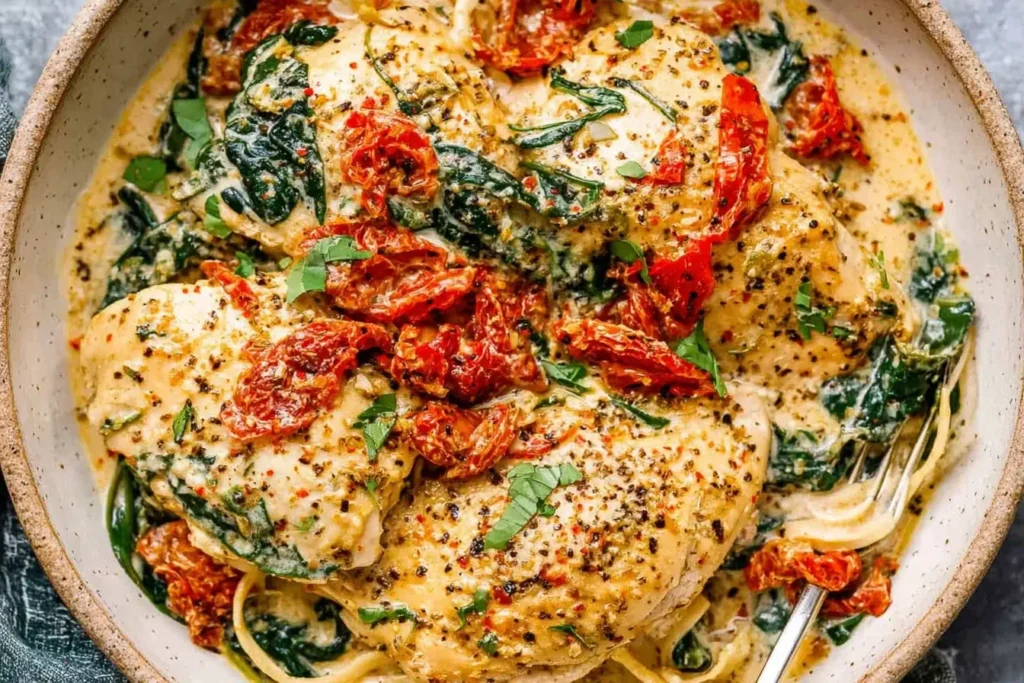 Slow Cooker Tuscan Chicken served over pasta with creamy sauce, sun-dried tomatoes, and spinach