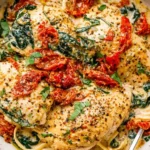 Slow Cooker Tuscan Chicken served over pasta with creamy sauce, sun-dried tomatoes, and spinach