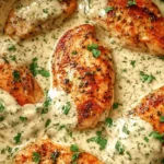 Creamy Crock Pot Ranch Chicken with golden seared chicken breasts in a rich ranch sauce, garnished with fresh parsley.