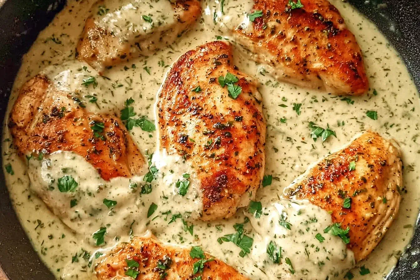 Creamy Crock Pot Ranch Chicken with golden seared chicken breasts in a rich ranch sauce, garnished with fresh parsley.