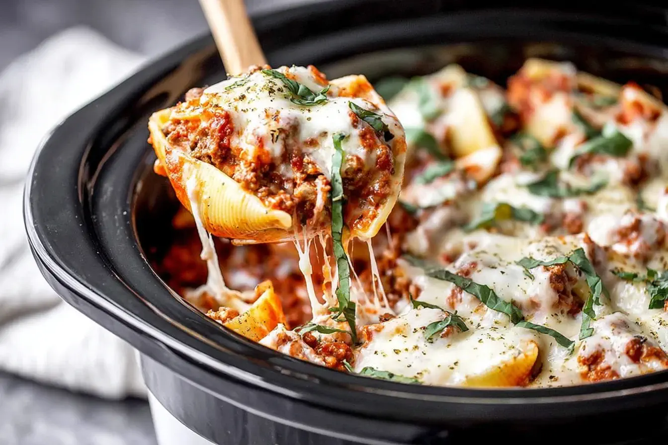 Slow Cooker Stuffed Shells with Meat topped with melted cheese and fresh basil being served from a crockpot.