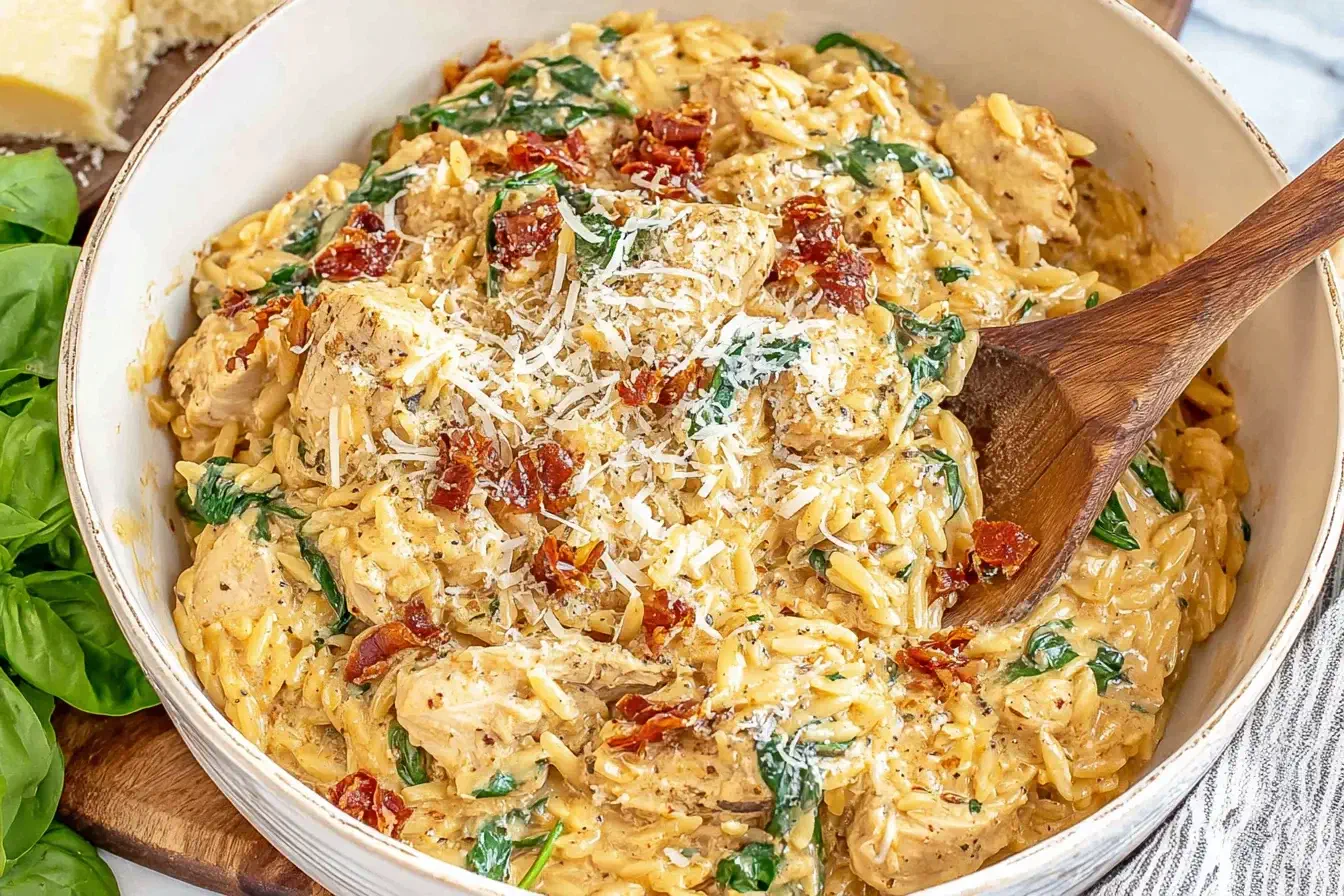 Slow Cooker Creamy Tuscan Chicken Orzo with tender chicken, spinach, sun-dried tomatoes, and Parmesan in a creamy sauce.