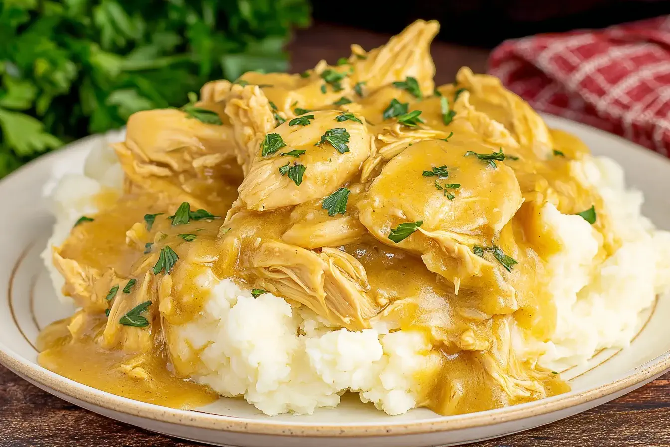 Crock Pot Chicken and Gravy served over creamy mashed potatoes, topped with fresh parsley