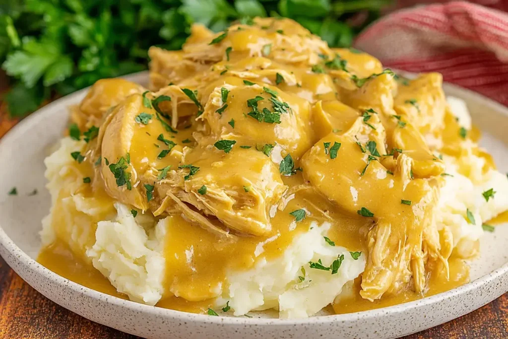 Crock Pot Chicken and Gravy piled on mashed potatoes with parsley garnish